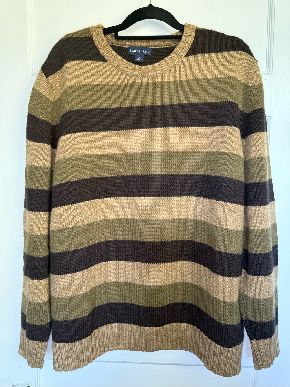 Lands' End Striped‎ Crewneck Sweater Olive, Tan, Brown Chunky Knit Forestcore XL